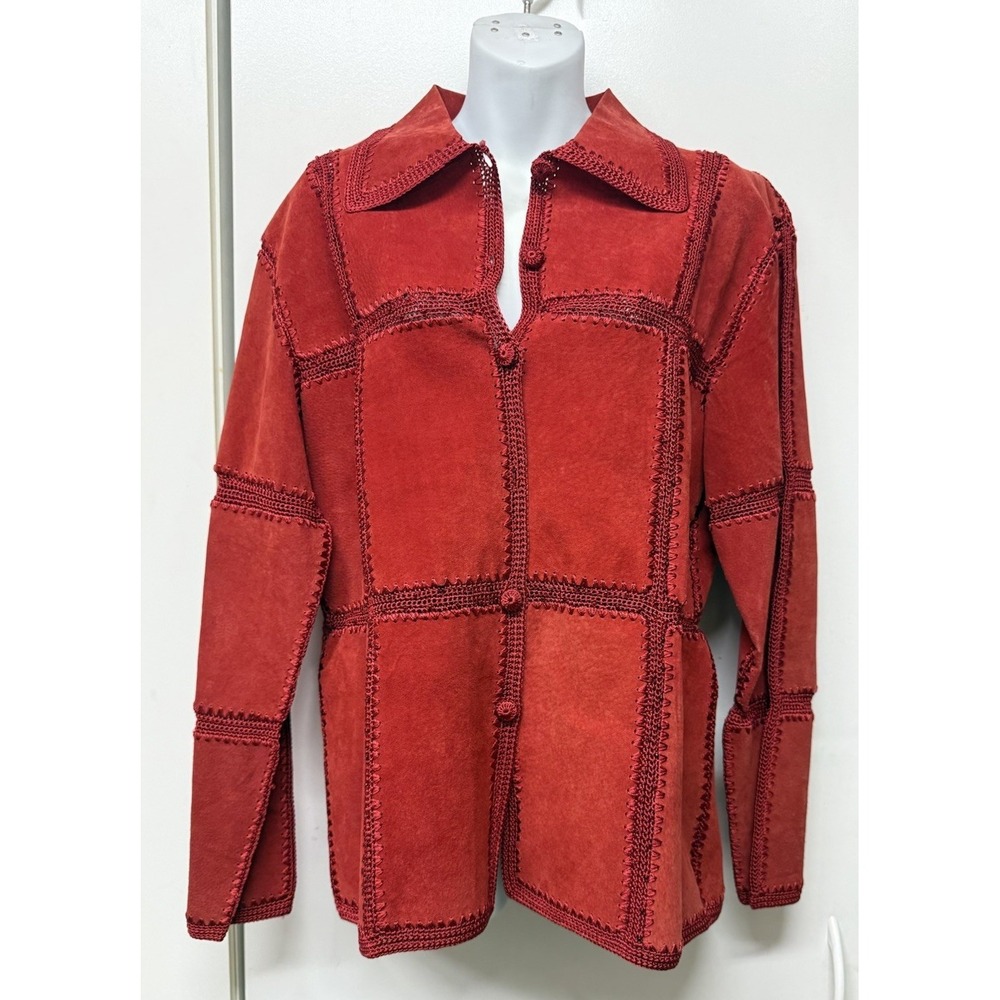 S.M.H. Boutique Women's Red Suede Leather & Crochet w/ Beads Jacket Top SZ MD